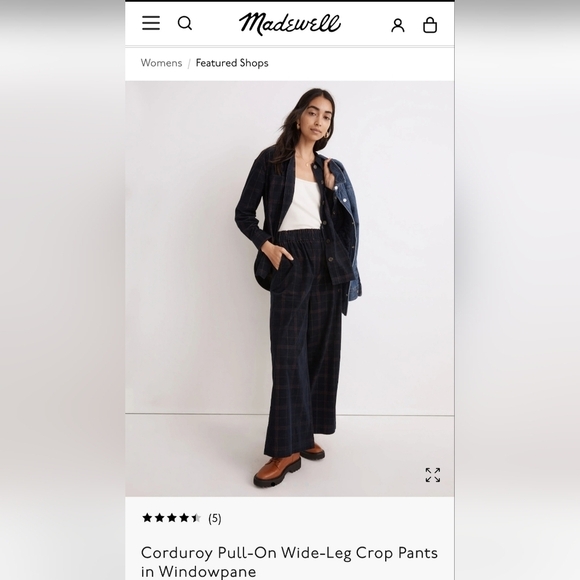 Madewell Pants - Madewell Corduroy wide leg pull on crop pants navy plaid women's sz small
